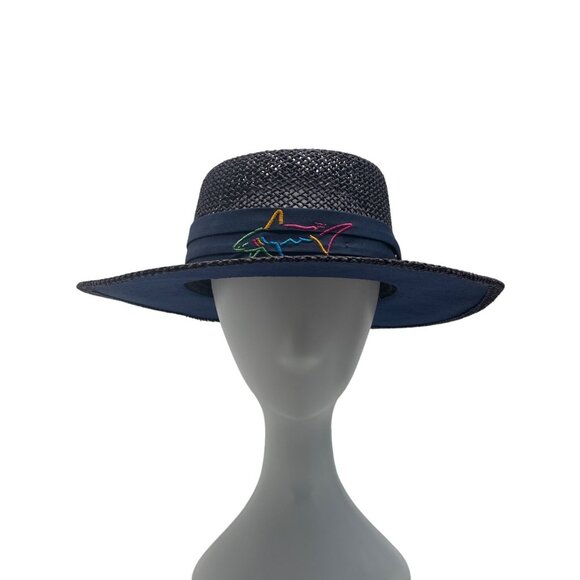 Unisex Blue and Navy Shark Vacation Straw Hat - Picture 1 of 6